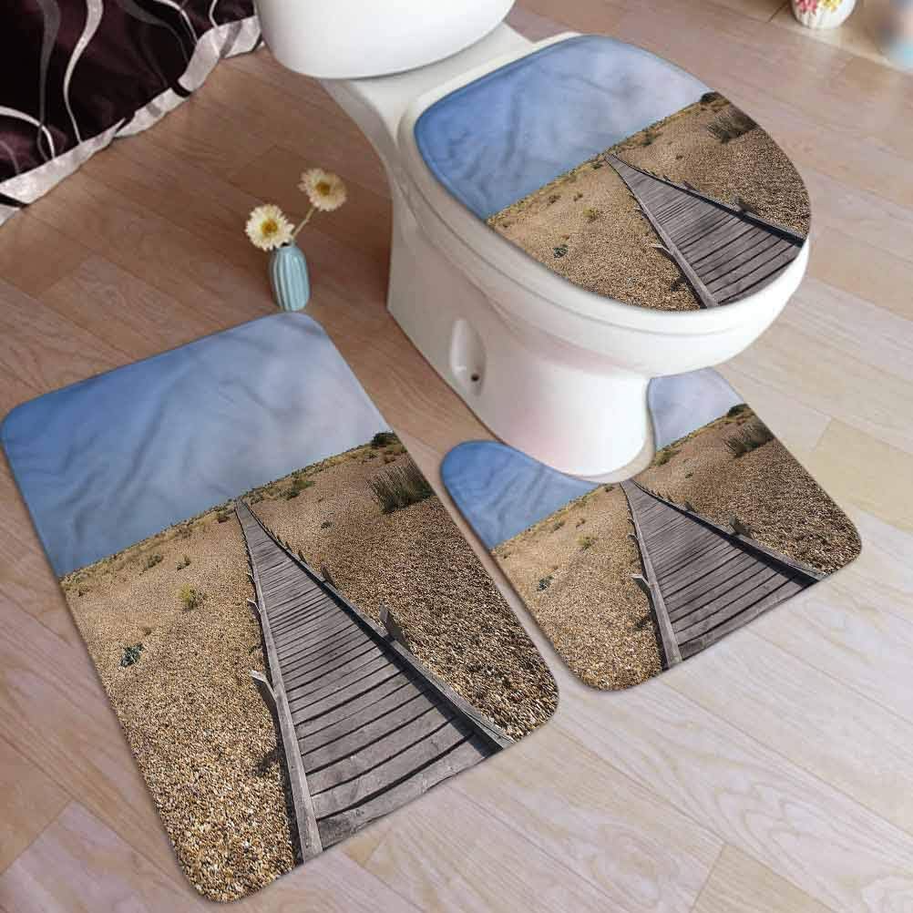 Ahuimin 3 Pieces Bathroom Rug Set, Beach,Wood Boardwalk Pebble Coast