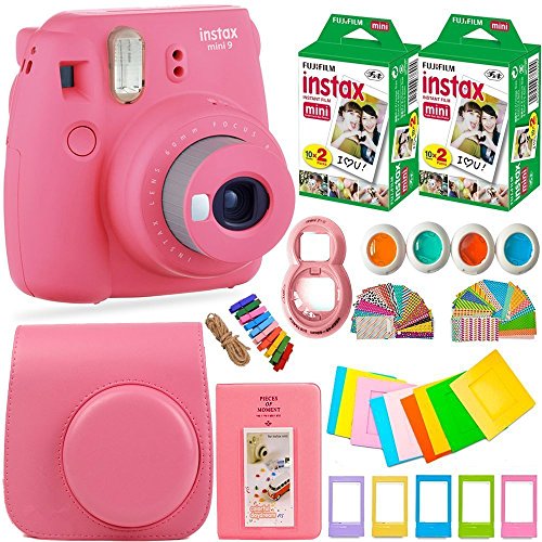 FujiFilm Instax Mini 9 Instant Camera + Fuji Instax Film (40 Sheets) + Accessories Bundle - Carrying Case, Color Filters, Photo Album, Stickers, Selfie Lens + MORE (Flamingo Pink)