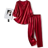 COFYVIE Womens Satin Pajamas Set Two-piece Classic Sleepwear 3/4 Long Sleeve V-Neck with Lace Pj Set
