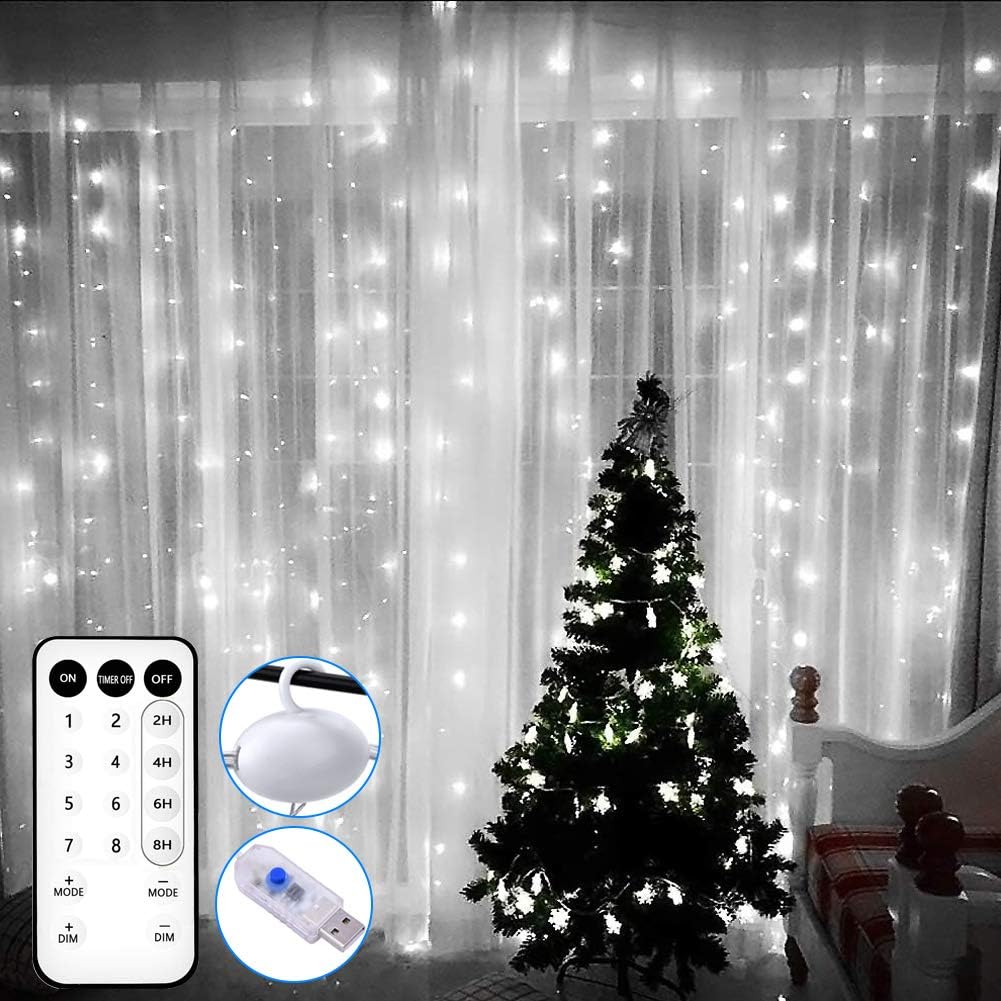 300 LED Window Curtain String Light, Fairy Twinkle Lights with 8 Modes Decoration for Christmas Wedding Party Home Garden Bedroom Outdoor Indoor Wall, Cold White, 9.8ft x 9.8ft