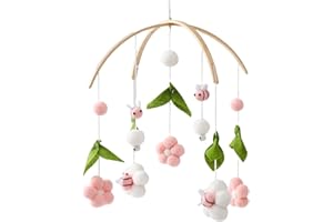 OESSUF Baby Mobile for Crib, Crib Nursery Mobile for Boys Girls, Boho Bee Flower Nursery Decor Soothe Toy Baby Shower Set for Infant Bedroom Hanging Decoration Toy, Pink