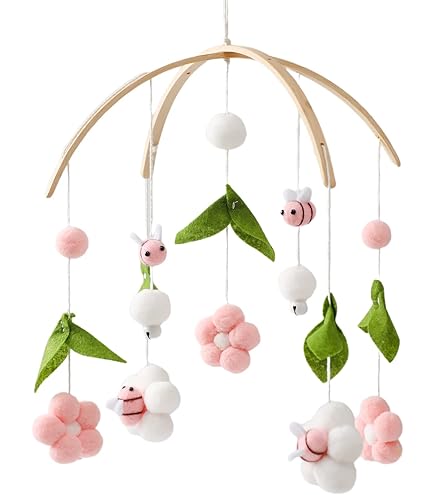 Boho Baby Crib Mobile With Colorful Wool Felt Balls - Wooden Nursery Mobile For Ceiling Decor