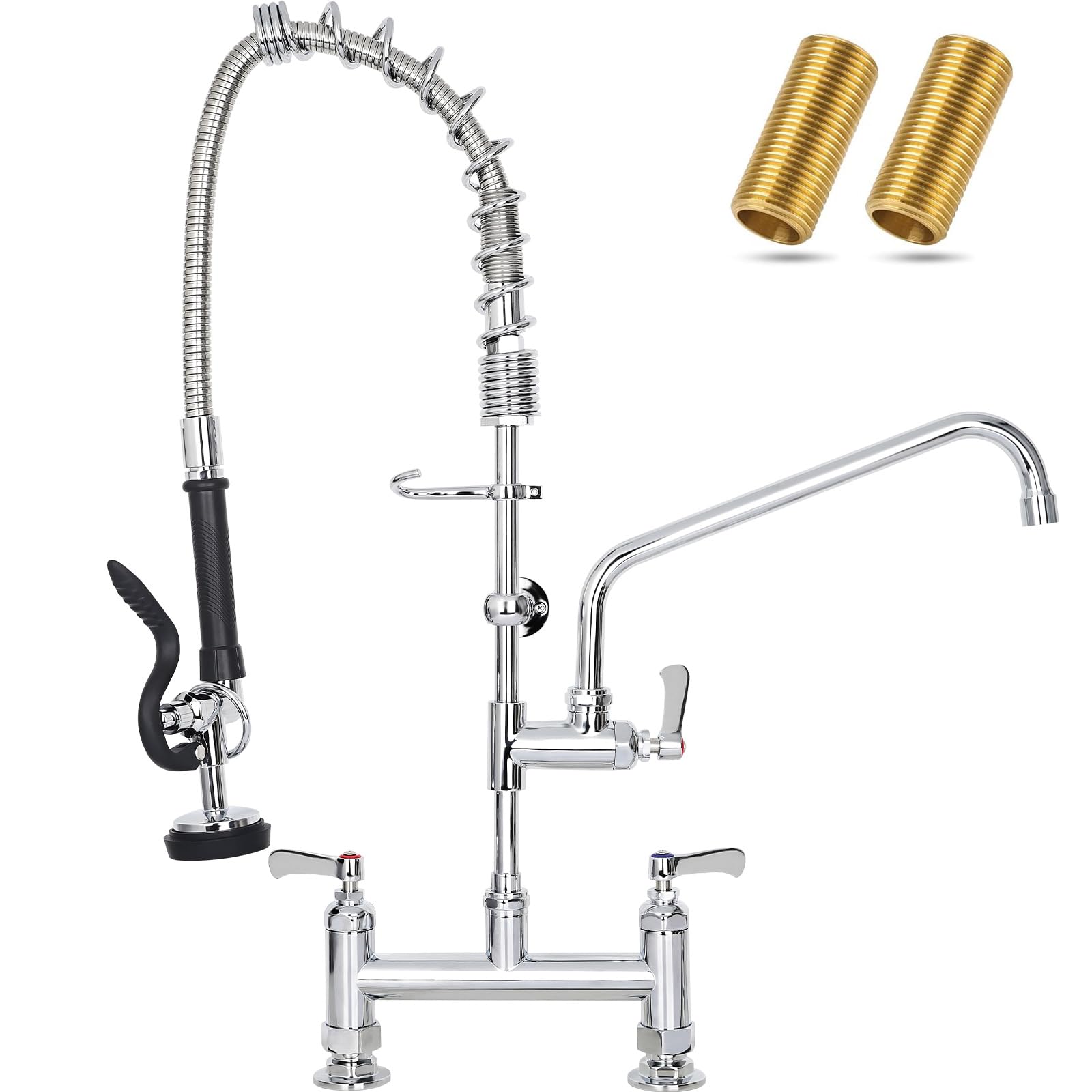 Photo 1 of 27" Height Commercial Sink Faucet Deck Mount with Pre-Rinse Sprayer, Commercial Kitchen Faucet with 10" Add-on Swing Spout Faucet & Spring Pull Down Sprayer, 8" Adjustable Center Kitchen Faucet
