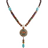 MINACHI Boho Wooden Beads Long Necklace with Evil Eye Pendant, Unique Jewelry Gift for Women