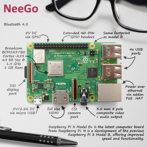 NeeGo Bundle  5-Piece Build Your Own Computer Set Includes Raspberry Pi 3 B+ Motherboard, 32G SD Card w/Preloaded Noobs Operating System, Sense HAT Add-On, Hat Enclosure & 6-Foot 2.5A Power Supply