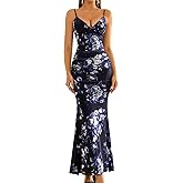 GLNEGE Women's Floral Wedding Guest Formal Maxi Dress Bodycon Spaghetti Strap V Neck Elegant Cocatail Dresses