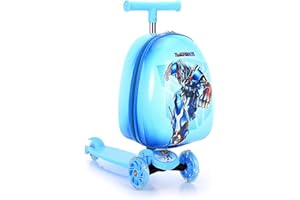 CUSALBOY Scooter Suitcase Folding Kids Luggage 16 Inch Hardshell, Ride On with Wheels, 2-in-1 (blue 2)