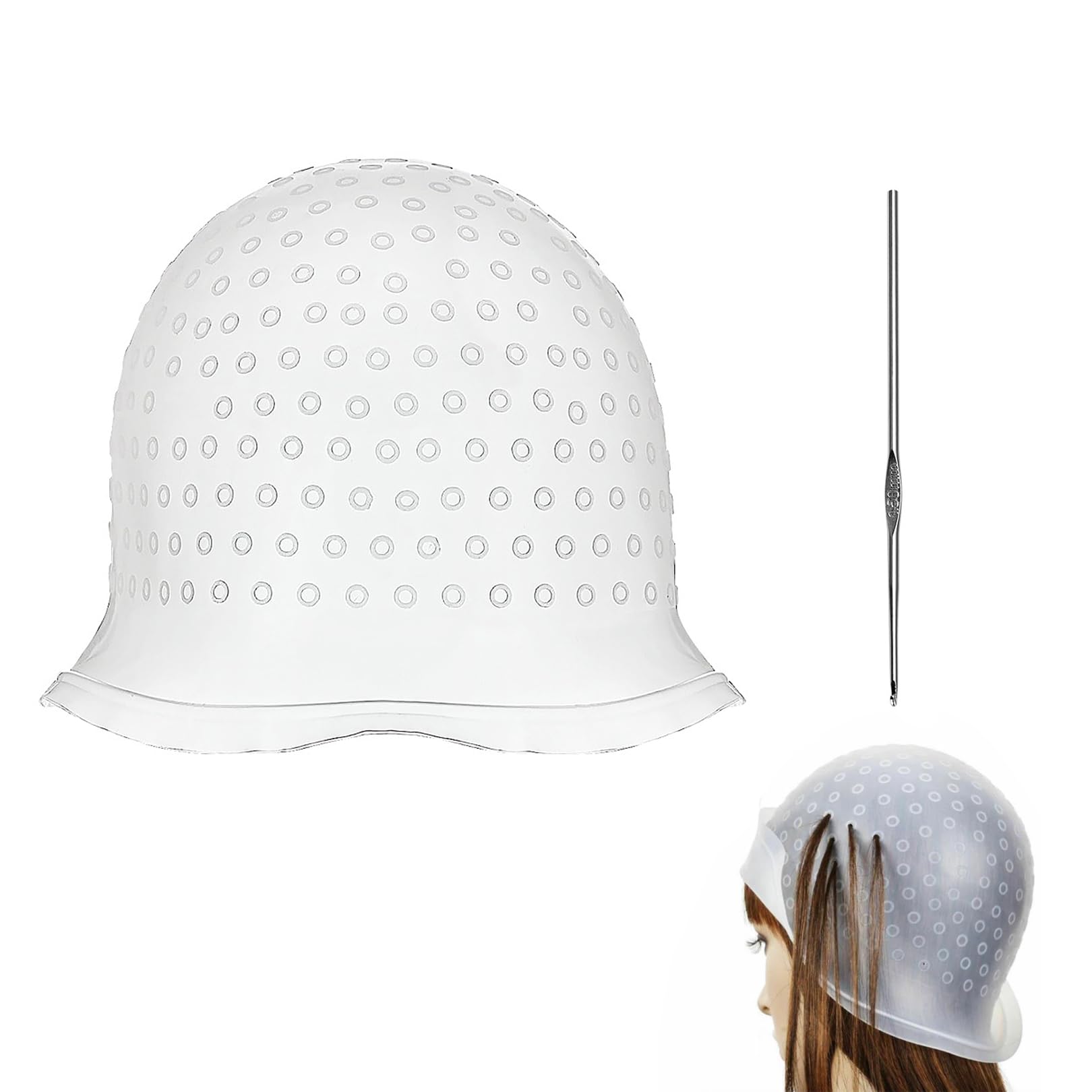 Highlight Cap and Hook Kit,White Streaking Cap,Soft Silicone Highlighting Cap,Half Transparent Hair Highlighting Cap and Hook Kit,Stainless Steels Hook,Hair Cap for Highlights,for Girls Boys