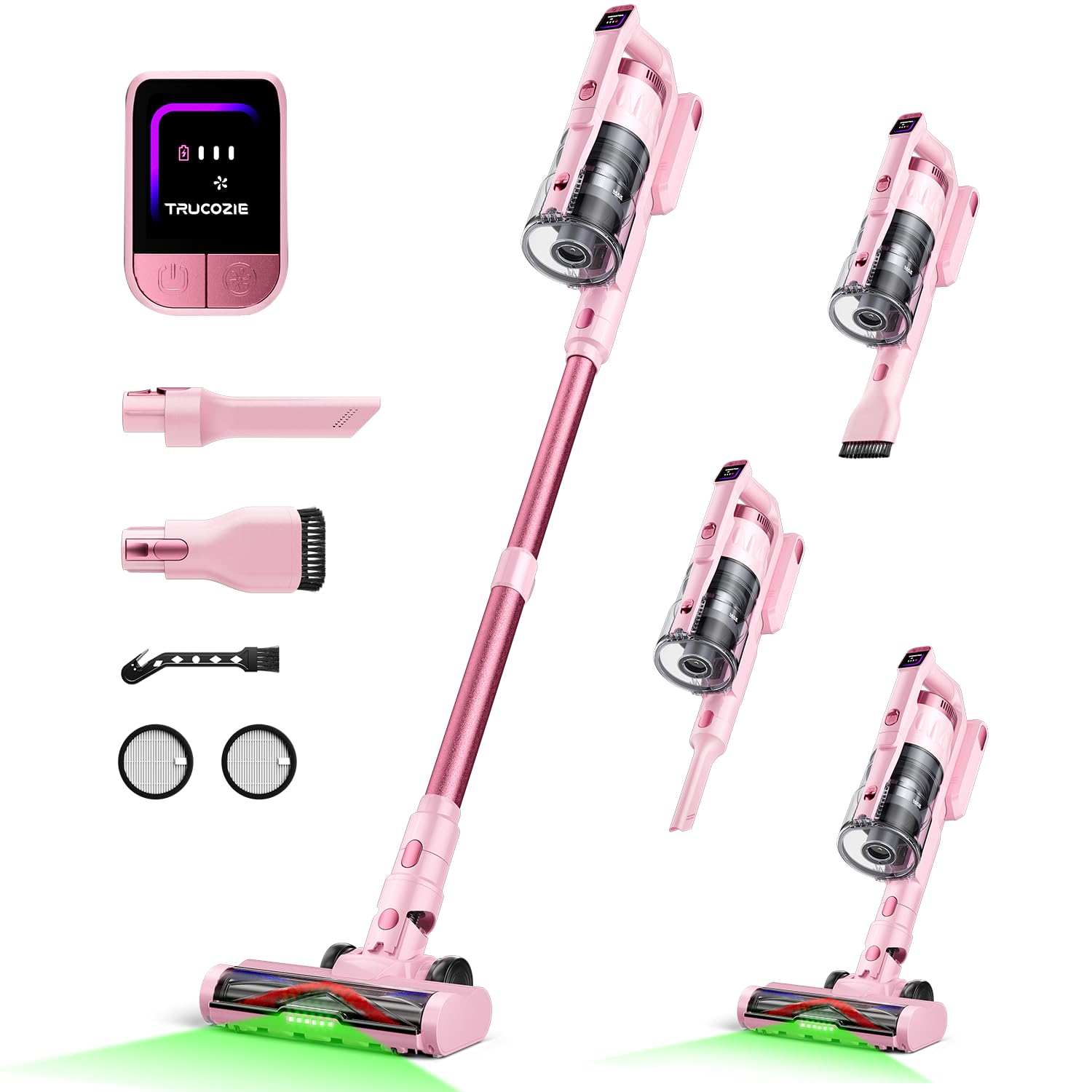 Photo 1 of Cordless Vacuum Cleaner for Home, Upgraded 60Kpa Powerful Suction Pet Hair Vacuum with 70min Runtime, Green LED Light for Hardwood Floors & Carpet, Self-Standing Rechargeable Stick Vacuum, Pink
