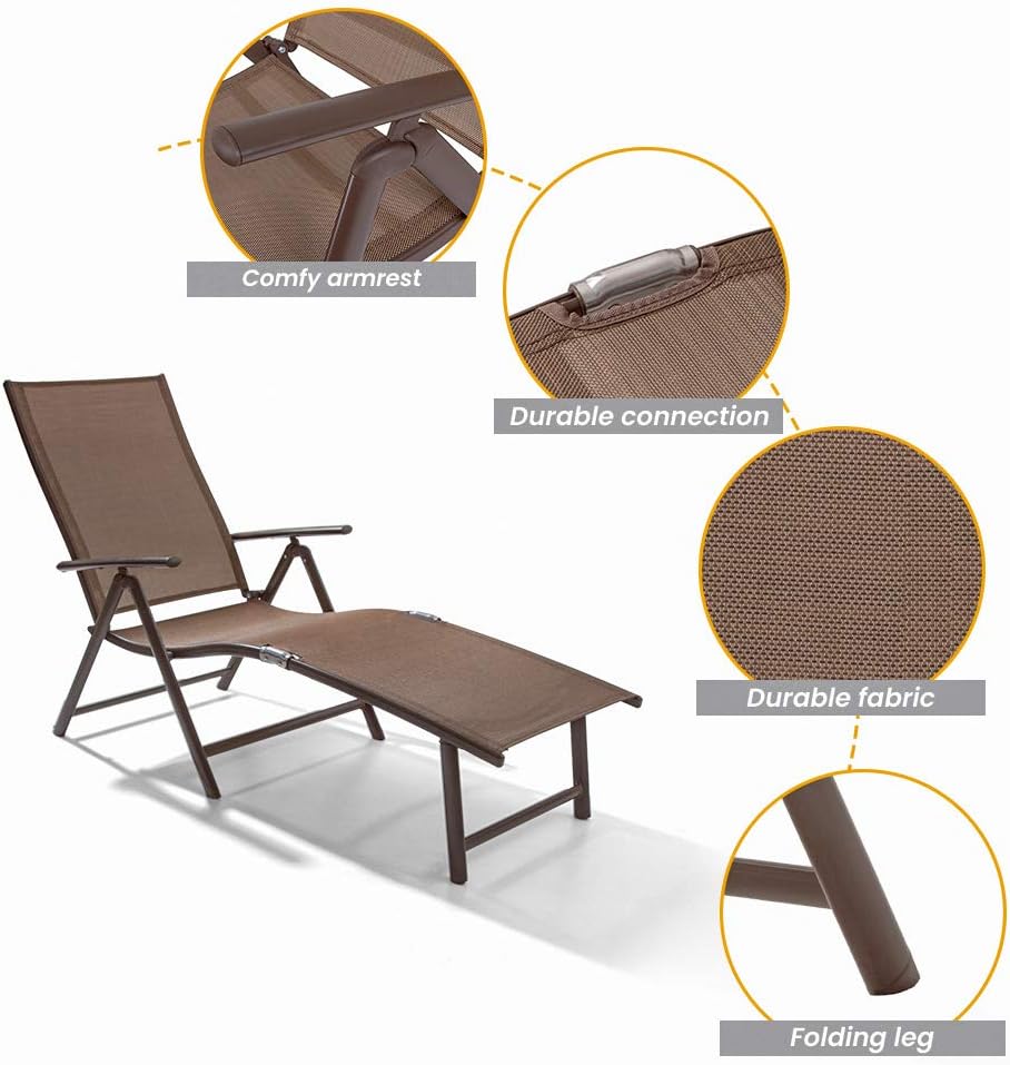 Crestlive Products Aluminum Beach Yard Pool Folding Recliner Adjustable Chaise Lounge Chair and Table Set All Weather for Outdoor Indoor, Brown Frame (Brown & Black): Furniture & Decor