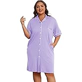 Vozanet Women Button Down Nightgown Plus Size Nursing Nightshirt Boyfriend Nighty Bridal Sleepdress with Pockets XL-5XL