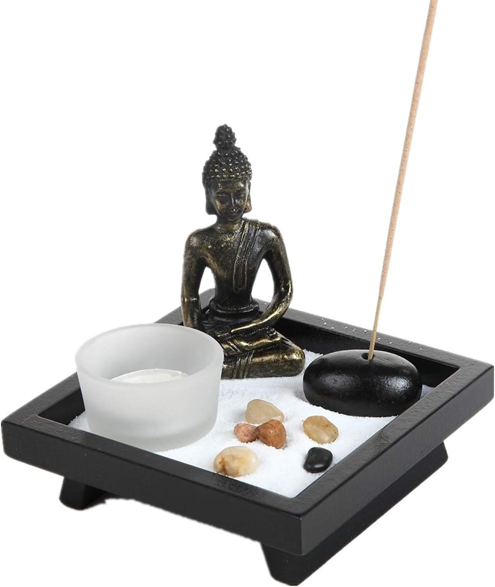 Japanese Zen Garden Kit Thai Sitting Buddha Ornament Statue Candle Holders Natural Stone Rattan Incense Gift Set (Sitting Budha HD38)