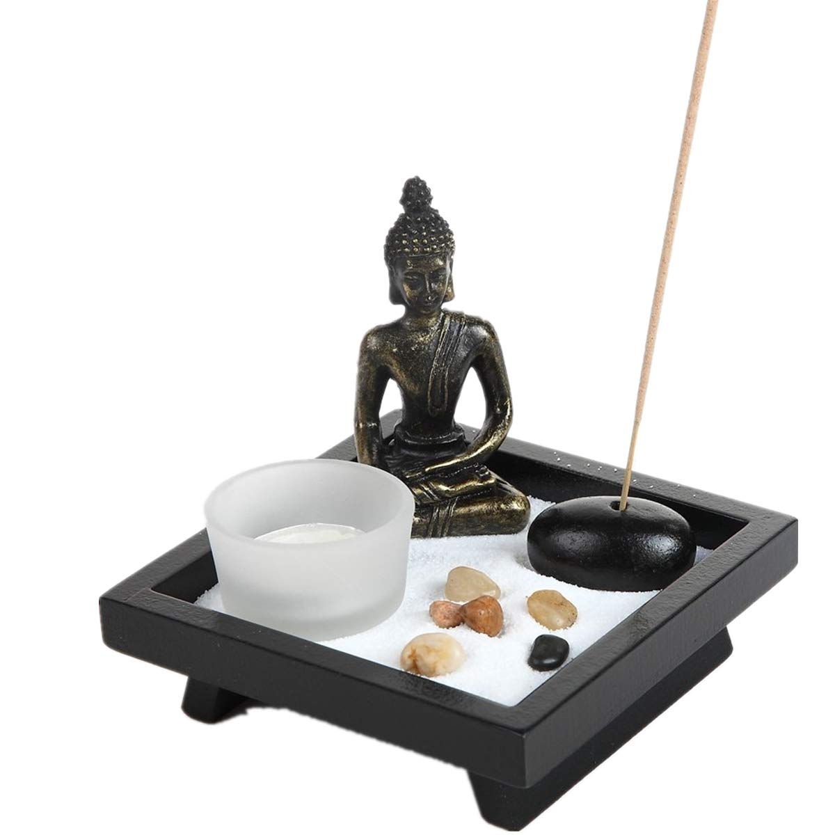 Japanese Zen Garden Kit Thai Sitting Buddha Ornament Statue Candle Holders Natural Stone Rattan Incense Gift Set (Sitting Budha HD38)