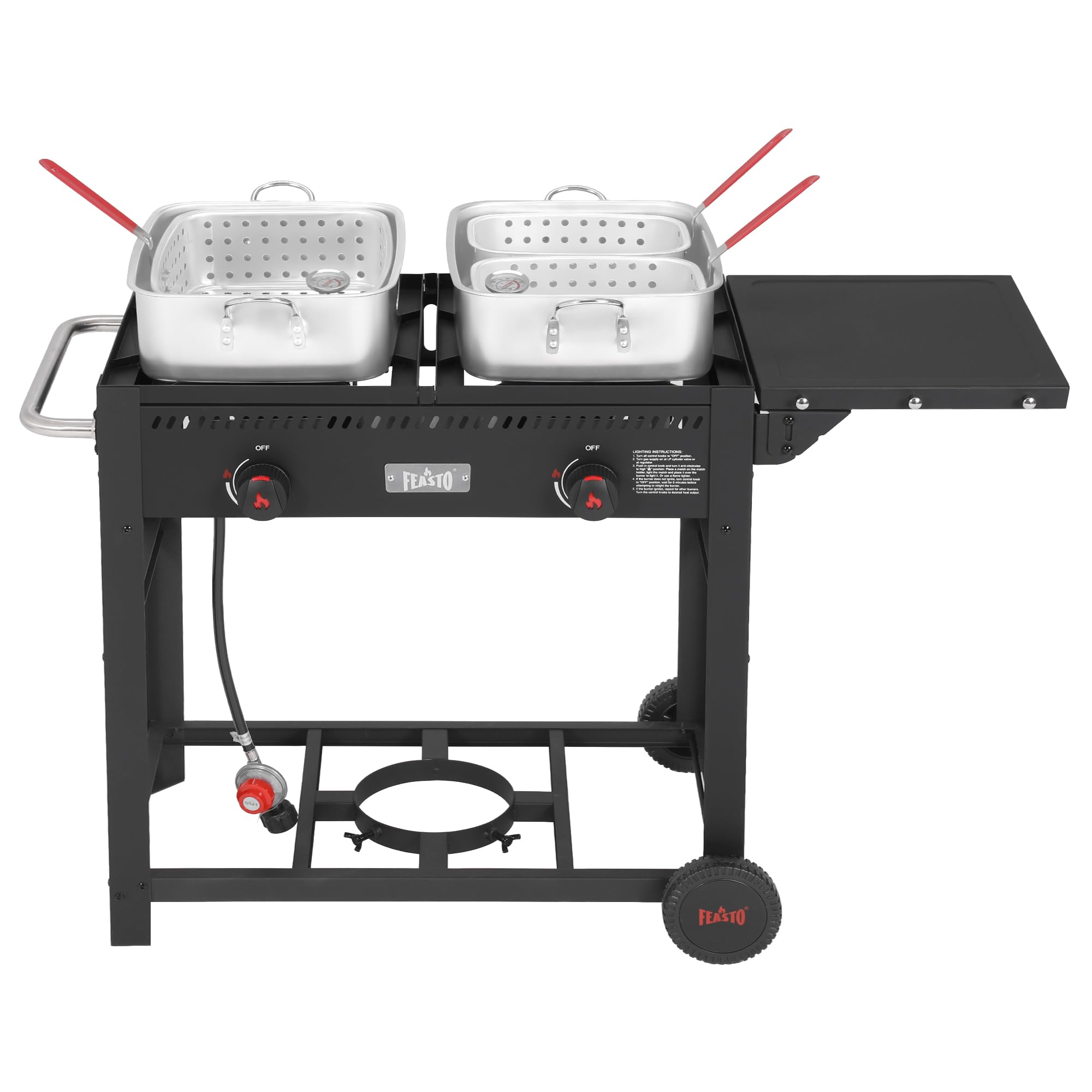 Photo 1 of FEASTO Outdoor Propane Deep Fryer with Movable Cart, 2-Burner Stove with 100,000 BTU Total, 2 x 18QT Aluminum Pots, 1 x 18QT Basket & 2 x 9QT Frying Baskets, Portable Fryer for Fish, Fries & Chicken
