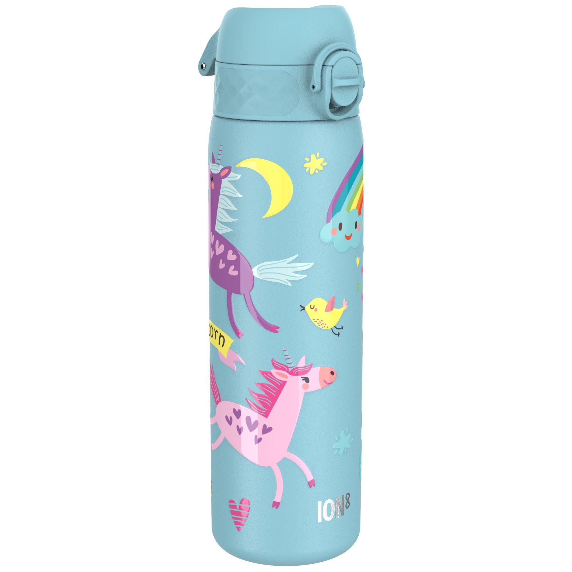Ion8 Lightweight Steel Water Bottle, 600 ml/20 oz, Non-Insulated, Leak Proof, Easy to Open, Secure Lock, Dishwasher Safe, Flip Cover, Fits Cup Holders, Carry Handle, Metal Water Bottle, Blue Unicorns