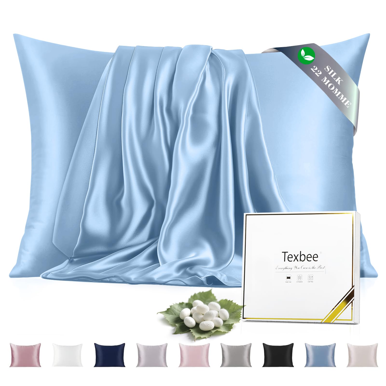 Texbee Silk Pillowcase, 22 Momme Mulberry Silk Pillowcases for Hair and Skin Health, Soft Smooth Breathable Cool Pure Pillow Case for Beauty Sleep, with Gift Box, 1pc (King 50x90 cm, Light Blue)