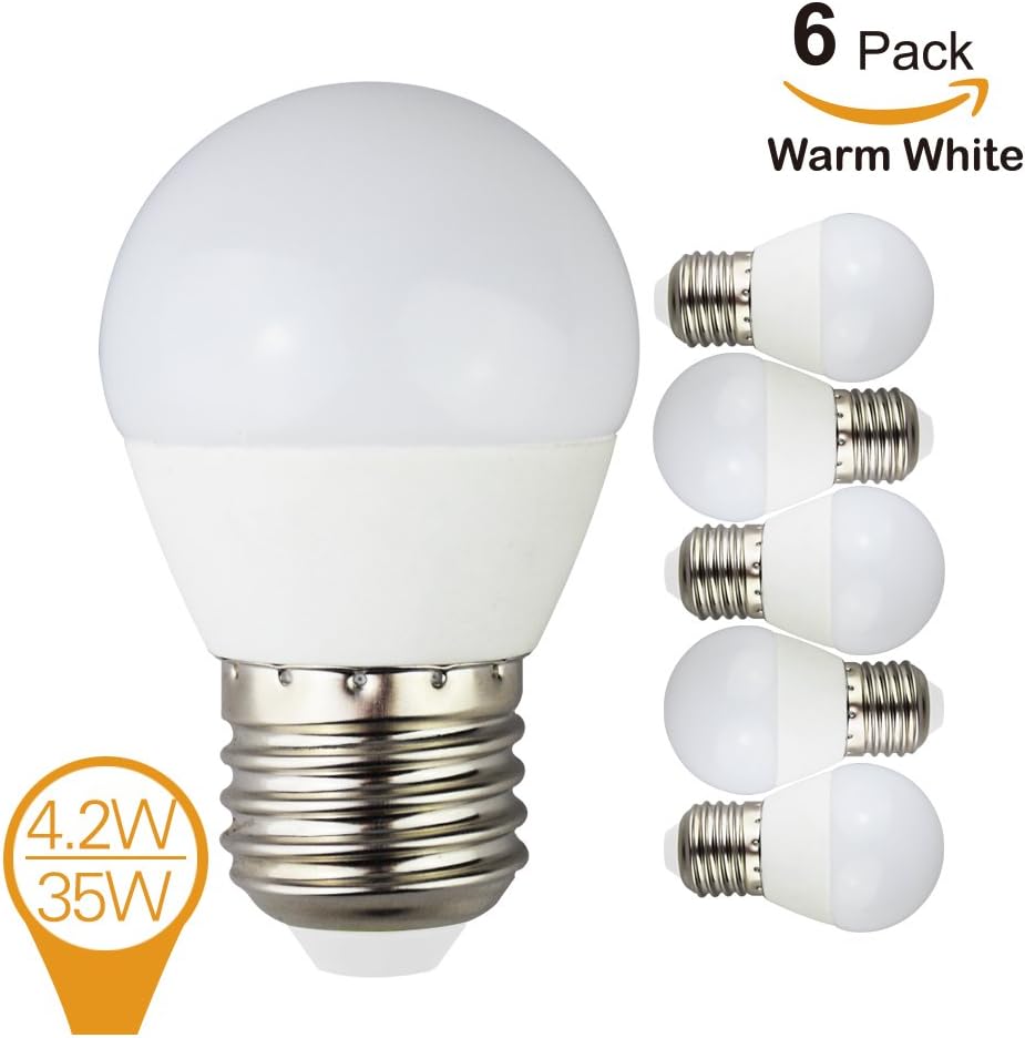 (6 Pack) Homelek 4.2W Warm White G14 LED Bulbs, E26 Base, 35W Incandescent Bulbs Equivalent, 430lm,2700K.