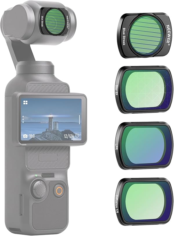 NEEWER Magnetfilter Set, kompatibel mit DJI OSMO Pocket 4,3 und Creator Combo, 4 Pack 8X Sternfilter, Blaustreif Anamorph Filter, Reduzierung von Lichtverschmutzung und Black Diffusion 1/4 Filters