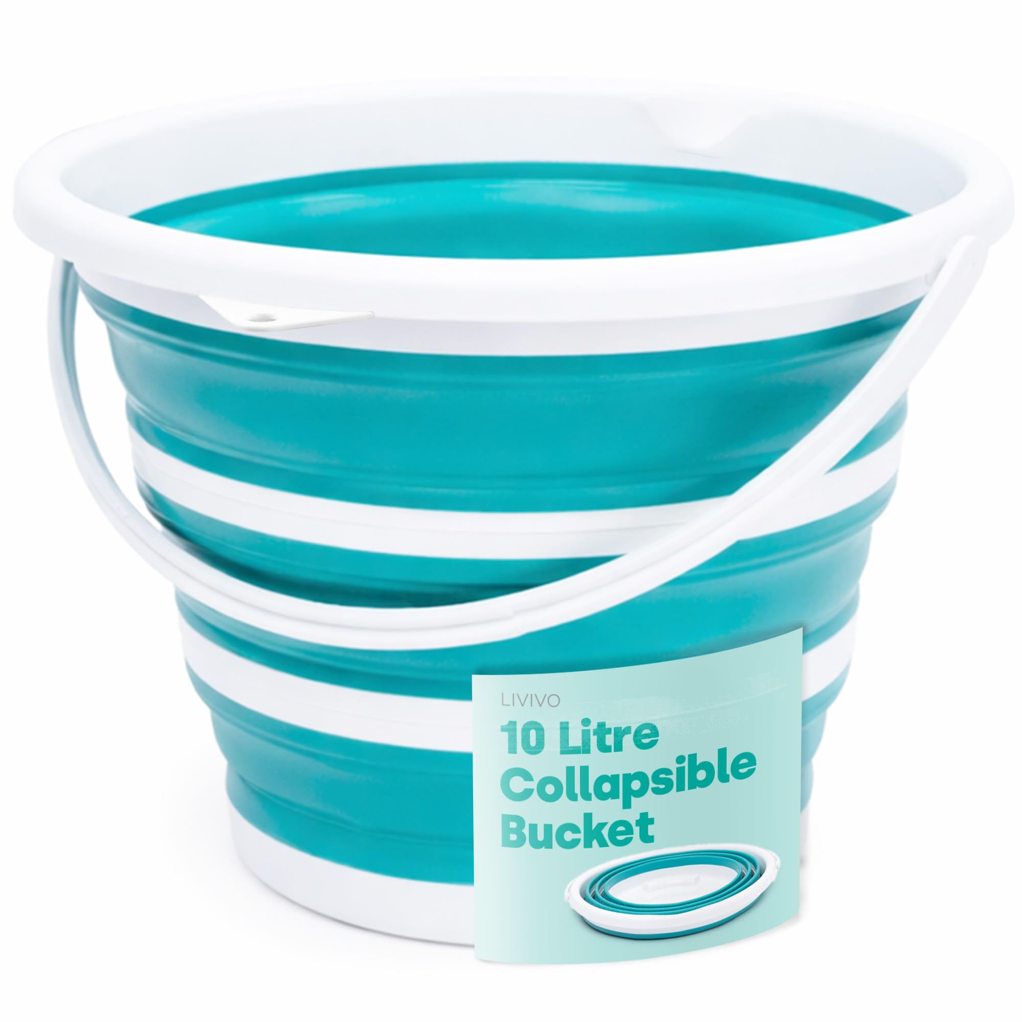 LIVIVO Collapsible Bucket – Large 10L Capacity Sturdy Silicone Foldable Bucket with Comfortable Grip Handle - Handy Folding Bucket, Neat and Space Saving Solution for Laundry, Car Wash (Turquoise)