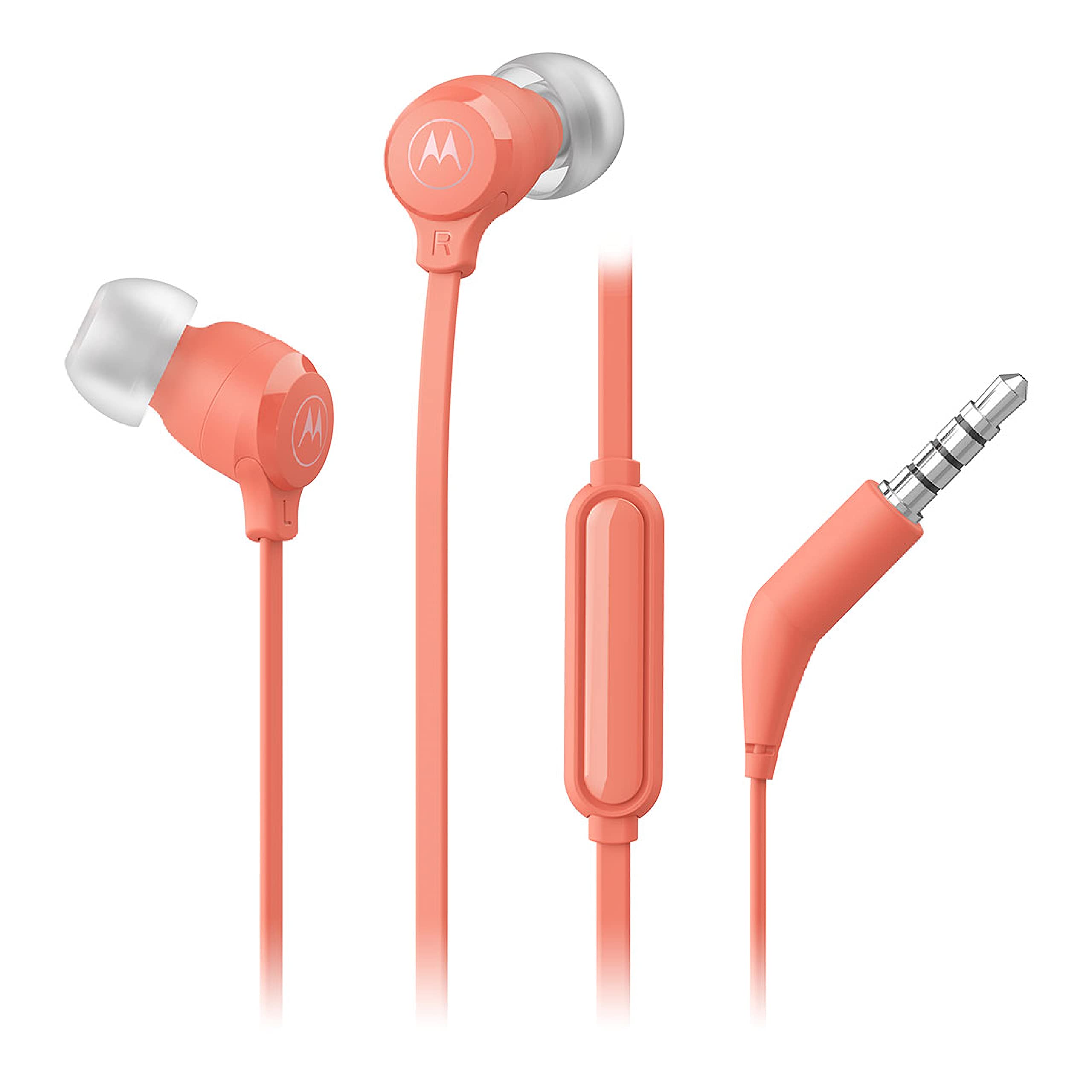 Motorola Earbuds 3-S Wired Earbuds with Microphone - Corded in-Ear Headphones, Comfortable Lightweight Silicone Ear Buds, Non-Tangle Flat Cable, 9.4mm Drivers Clear Bass Sound - Coral Red
