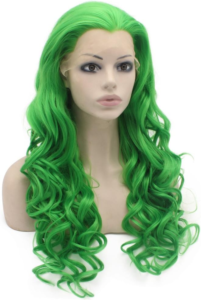 Long Wavy Hand Tied Synthetic Lace Front Green Cosplay Party Wig - Image 3