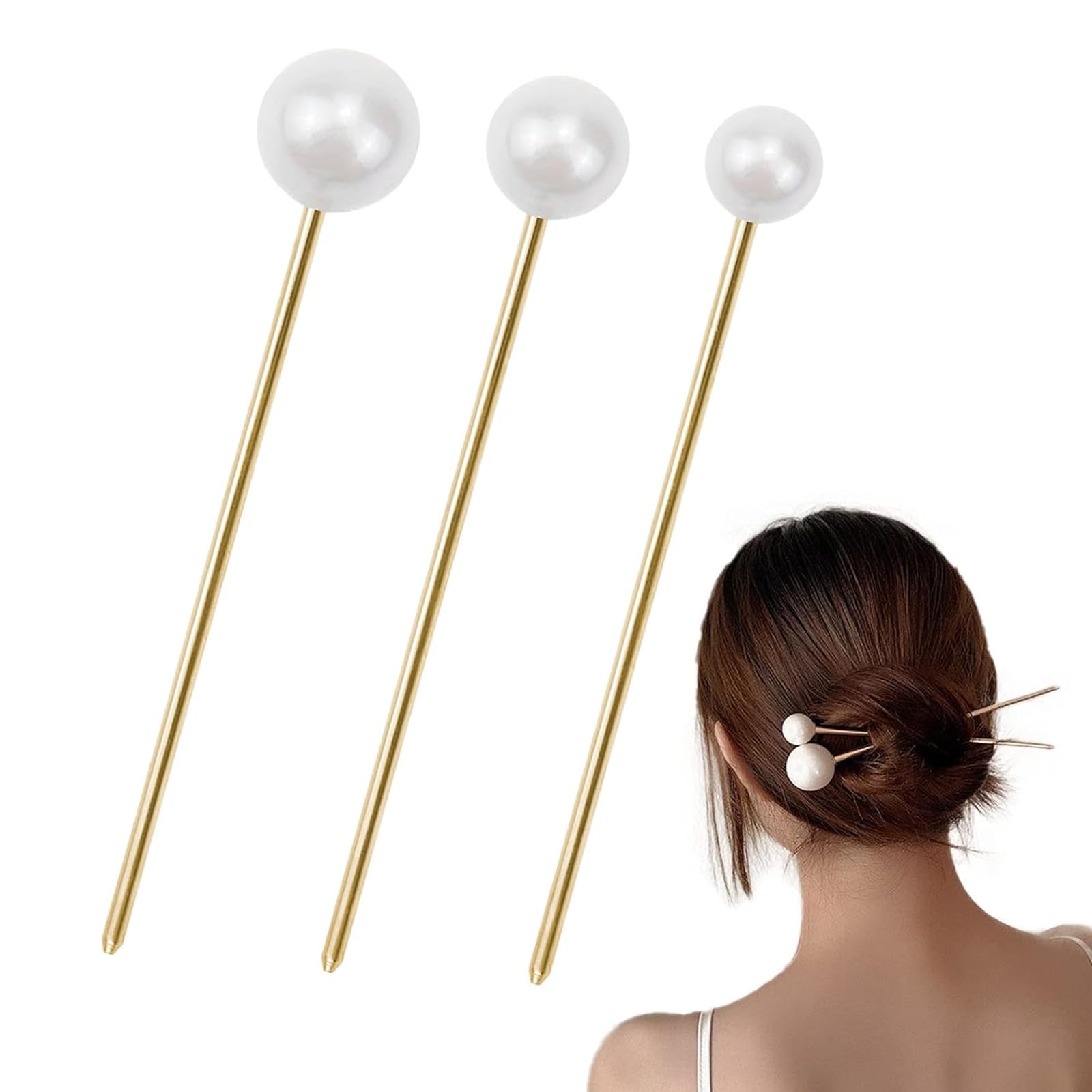 3Pcs Metal Pearl Hair Stick Elegant Classic Chinese Pearl Hair Chopsticks Chopstick Updo Decorative Pin Beautiful Simple Pins Stick for Women
