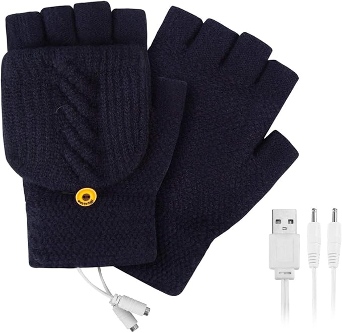 USB Heated Gloves Mitten Knitted Fingerless with Finger Cover Winter