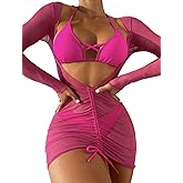 SherryDC Women's Sexy 3 Piece Swimsuits Halter Triangle Bikini Sets with Long Sleeve Cover Up Drawstring Bathing Suit