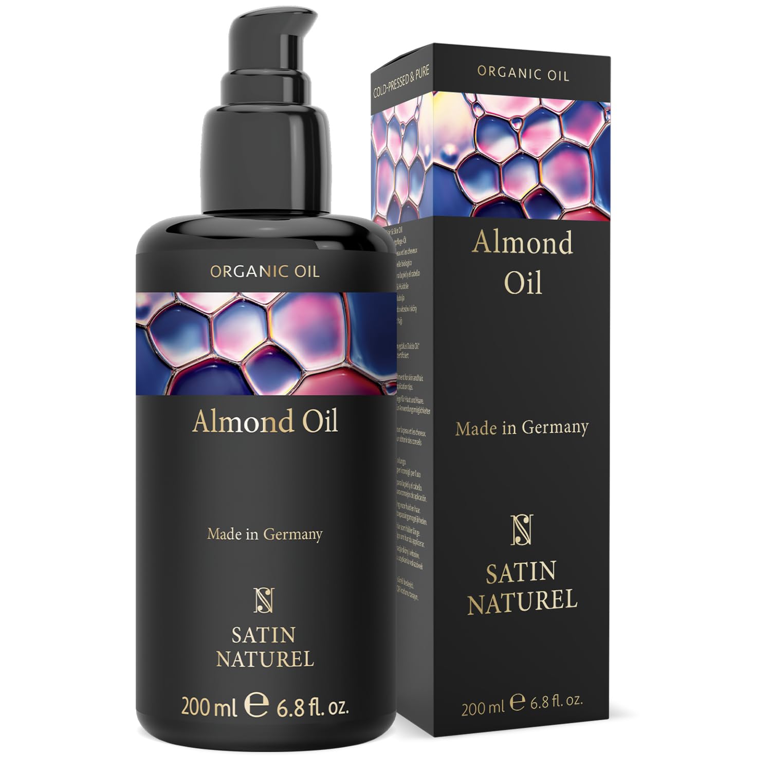 Satin Naturel Organic Almond Oil 200ml – Cold-Pressed, 100% Pure & Natural – Rich in Vitamins for Skin, Hair & Nails – Vegan Natural Cosmetic in Glass Bottle