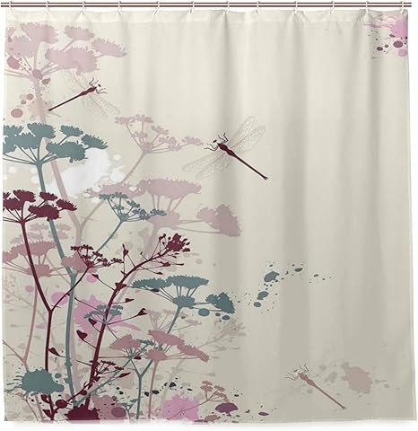Amazon Ninehasa シャワーカーテン 防水 ポリエステル 風呂カーテン 浴室 おしゃれ かわいい トンボと植物と花びらソフトカラーデザイングランジ効果ヴィンテージ 取付簡単 浴室 間仕切り カーテンリング付属 シャワーカーテン ホーム キッチン オンライン通販