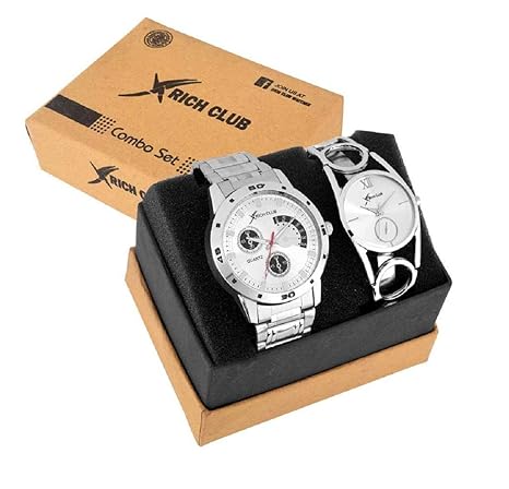 Set of 2 Addictive Silver Analogue Couple Watch for Men and Women (27-SLV+DB-SLV)