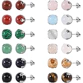 JUSTJANDM 12 Pairs Multi Natural Gemstone Round Bead Ball Stud Earrings Stainless Steel Opal Tiger Eye Rose Quartz Onyx Stone Stud Earrings Set for Women