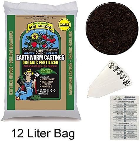 VARIOUS AMOUNT WIGGLE WORM EARTHWORM CASTINGS SOIL BUILDER FERTILIZER + TWIN CANARIES CHART &amp; STAKES - 12 Liter Bag