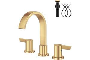 Aolemi Bathroom Faucets 3 Hole,8 Inch Widespread Waterfall Bathroom Sink Faucet,2 Handles Vanity Faucet with Pop-up Drain and Supply Hose,Brushed Gold