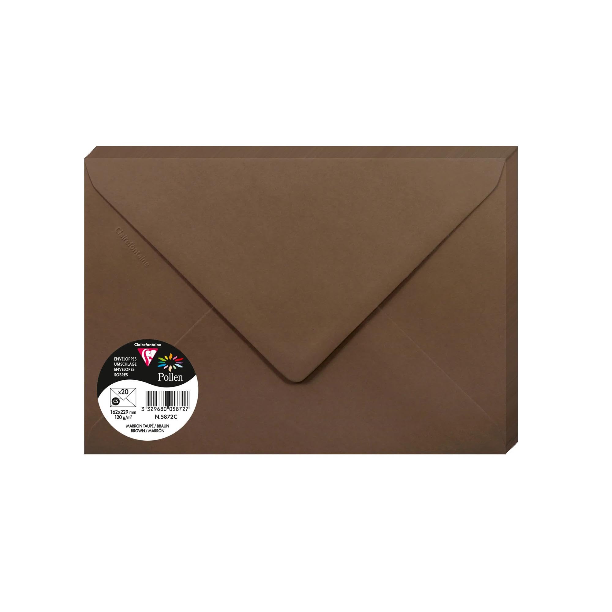 Clairefontaine 5872C Pack of 20 Gummed Envelopes C5 16,2x22,9cm 120gsm Colour Taupe Brown Invitation Events Correspondence Pollen Range Premium Smooth Paper — image 1