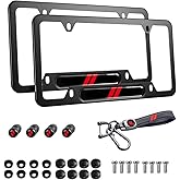 2PCS Black License Plate Frames Aluminum Alloy Car License Plate Holders with Tire Valve Caps and Keychain car Accessories Compatible with Dodge Challenger Charger RAM (red)