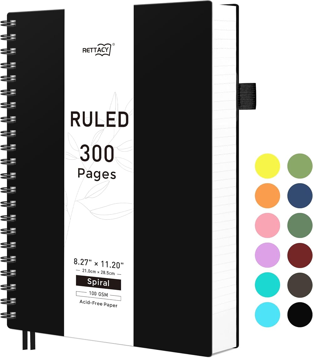 RETTACY A4 Spiral Notebook 300 Pages 100gsm College Ruled PVC Cover Black