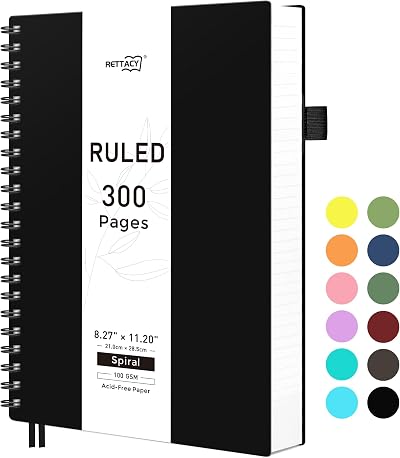 RETTACY A4 Spiral Notebook 300 Pages 100gsm College Ruled PVC Cover Black