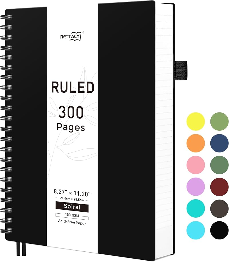 RETTACY A4 Spiral Notebook 300 Pages 100gsm College Ruled PVC Cover Black