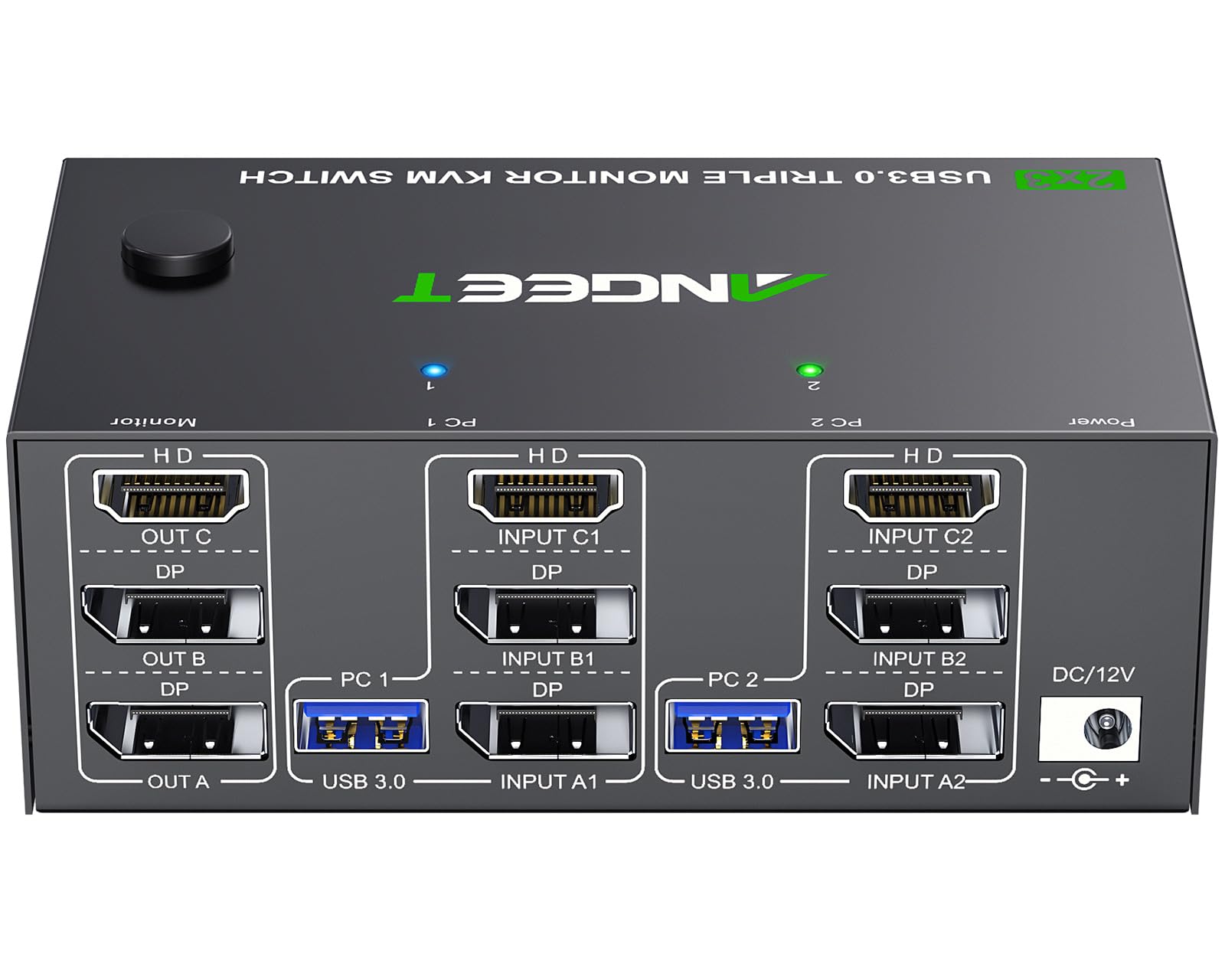 Photo 1 of KVM Switch 3 Monitors 2 Computers 8K@60Hz 4K@144Hz, ANGEET HDMI and Displayport KVM Switch Triple Monitor for 2 Computer Share 3 Monitor and 4 USB3.0 Devices, with Wired Remote and Power Adapter