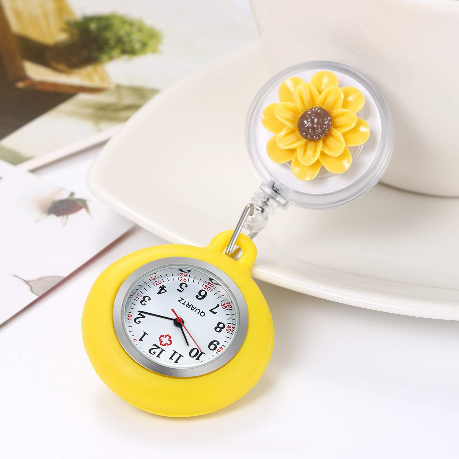 Lancardo Women's Nurse Clip on Watch Cute Flower Lapel Hanging Doctor Clinic Staff Tunic Stethoscope Badge Quartz Fob Pocket Watch with Pink Silicone Cover for Christmas