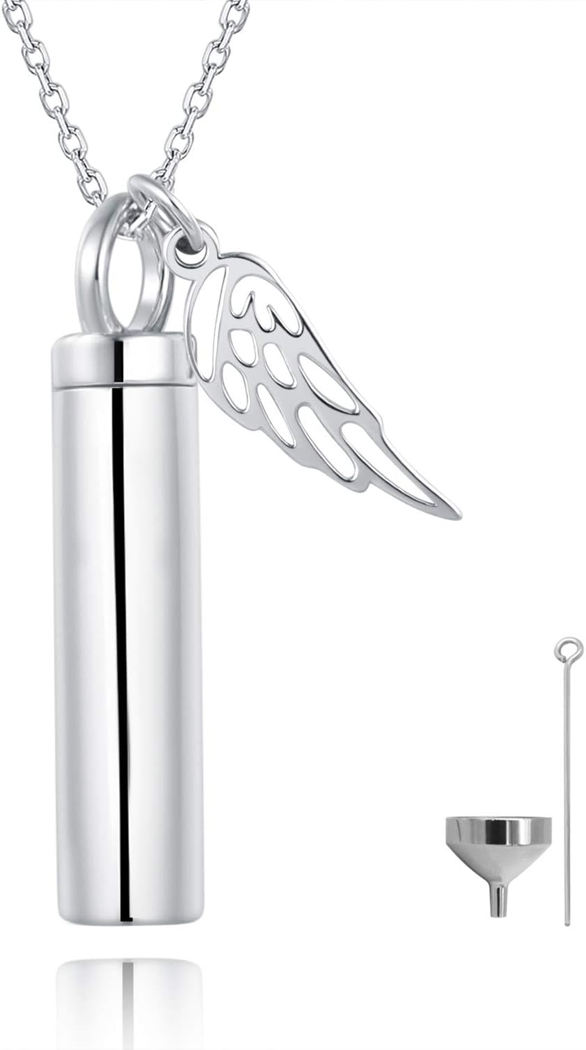 BEILIN S925 Sterling Silver Angel Wings Urn Jewelry Pet Paw Cremation Pendant Necklace Keepsake Holder Memorial for Ashes w/Funnel Filler Kit (Angel Wings)