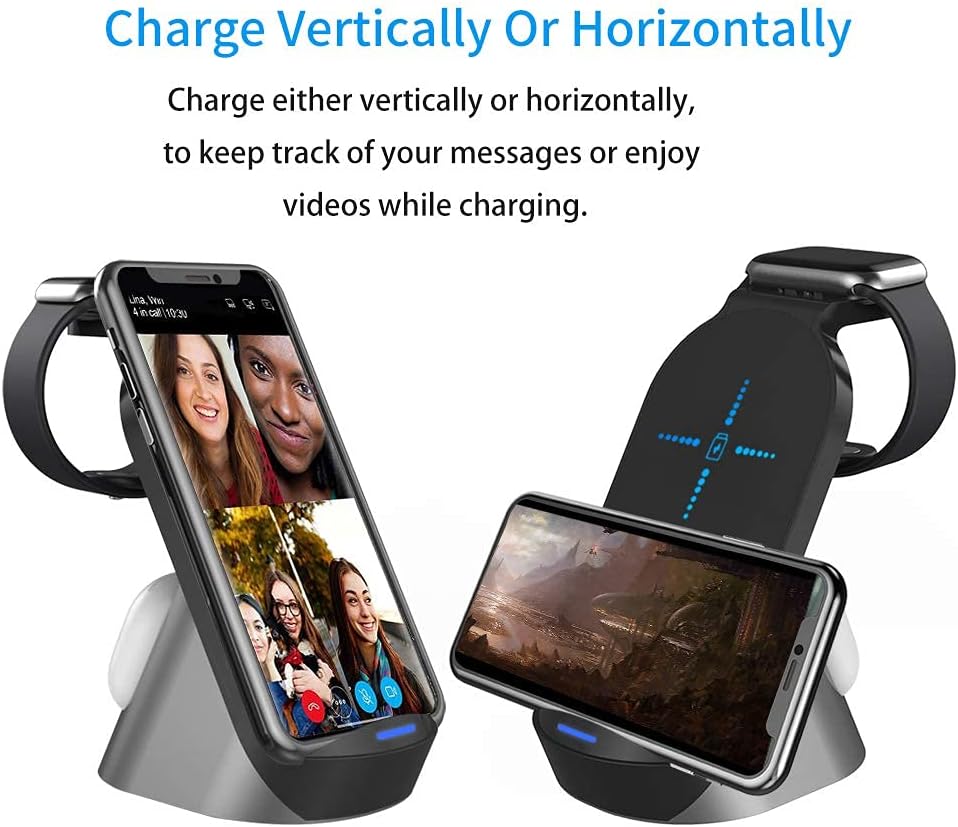 Wireless Charging Stand–3 in 1 Fast Wireless Charger–Qi Charging Station Dock Compatible with iPhone 12/11/11pro/11pro Max/X/XS/XR Fit for AirPods Pro Apple Watch SE 6/5/4/3/2-Black