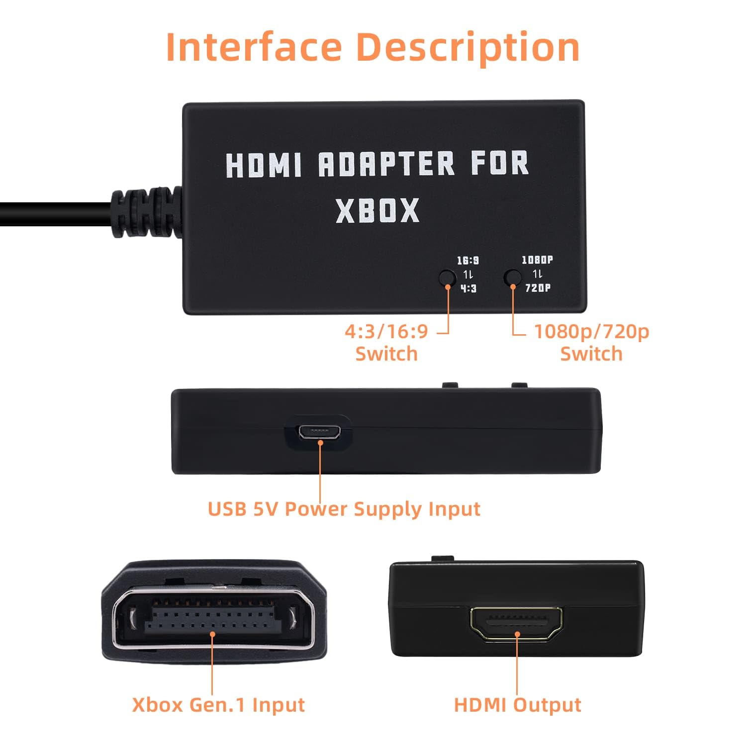 Mcbazel Original Xbox to HDMI Adapter, HD Link Cable Support 1080P/720P Xbox to HDMI Converter for Xbox Gen. 1 - Black
