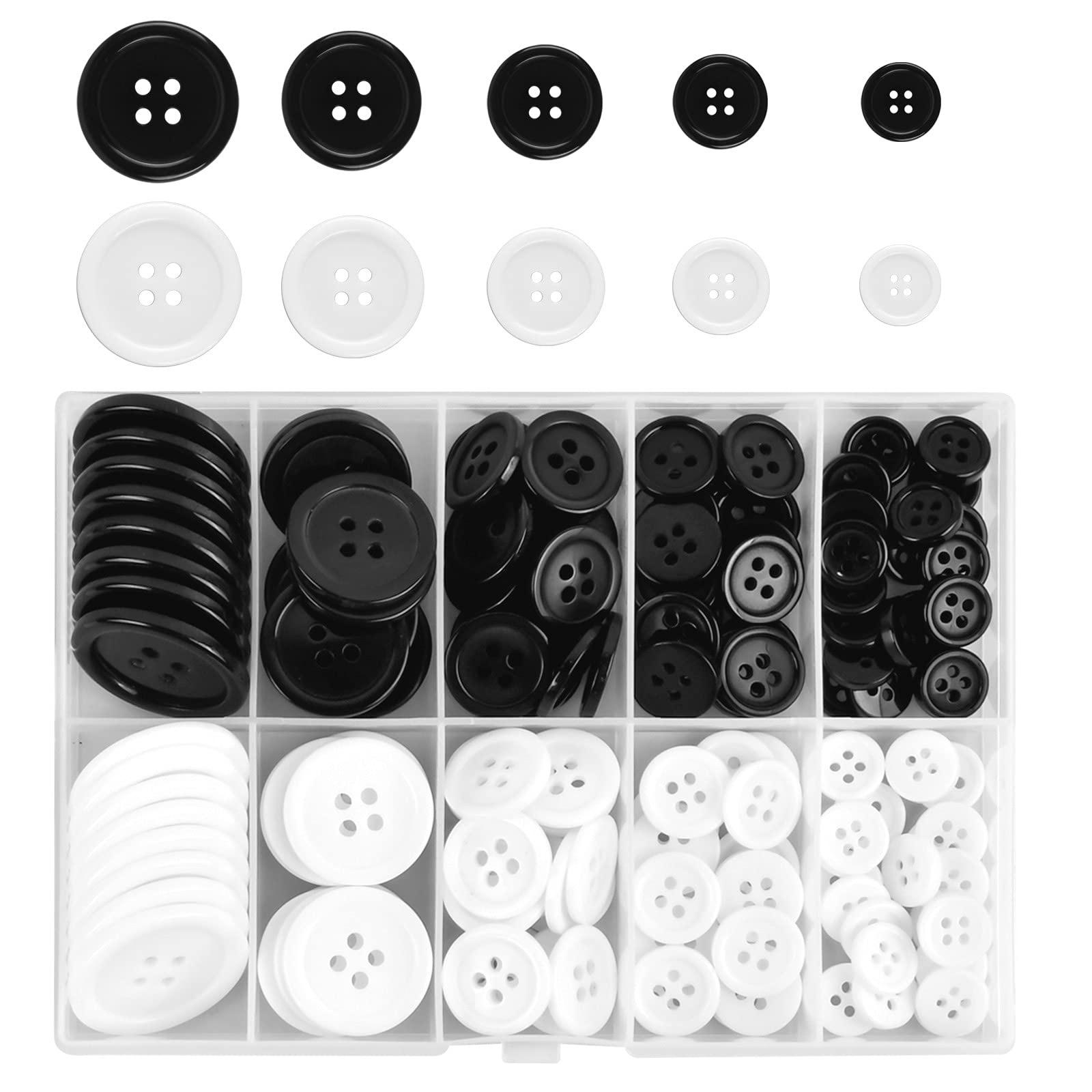 smatime 160 Pcs Buttons Black White Round Button Shirt Button Wide Edge 4 Holes Buttons with Box Resin Sewing Buttons for Coats Sweaters Pants Sports Tops and Scrapbook, 10/12/15/20/25mm