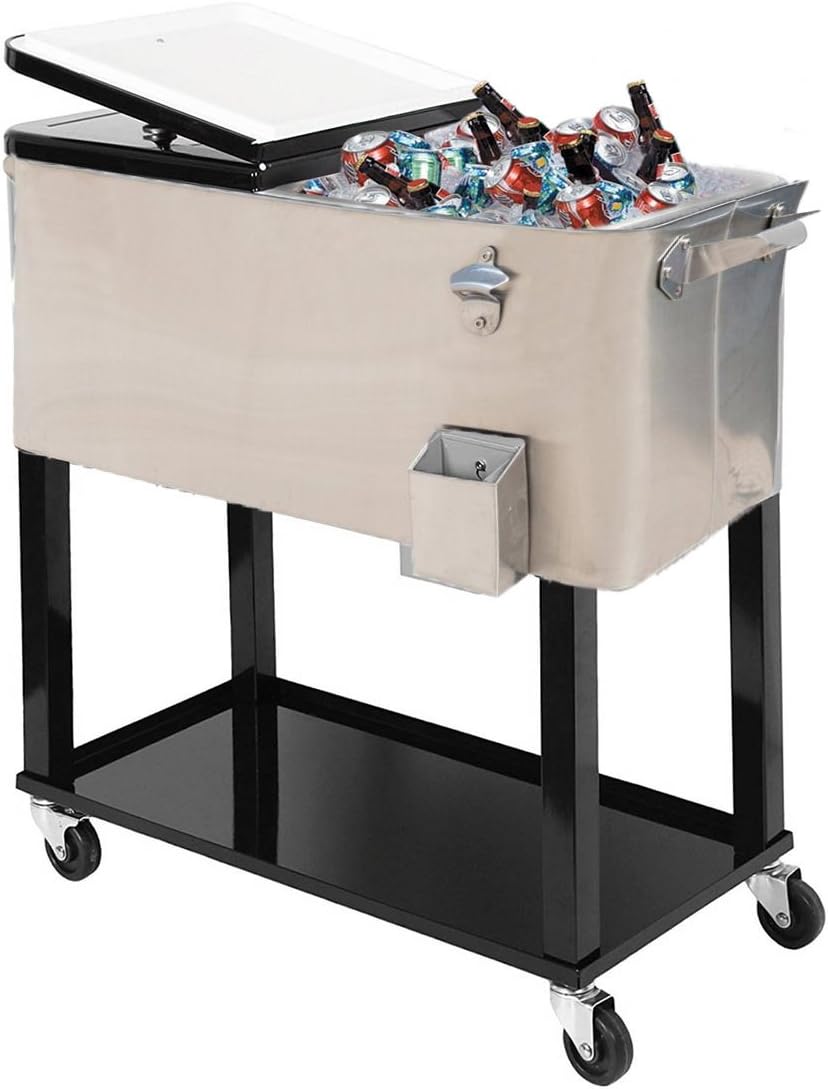 General 80-quart Portable Rolling Ice Chest Cooler Cart Patio Party Drink Ice (Stainless Steel)