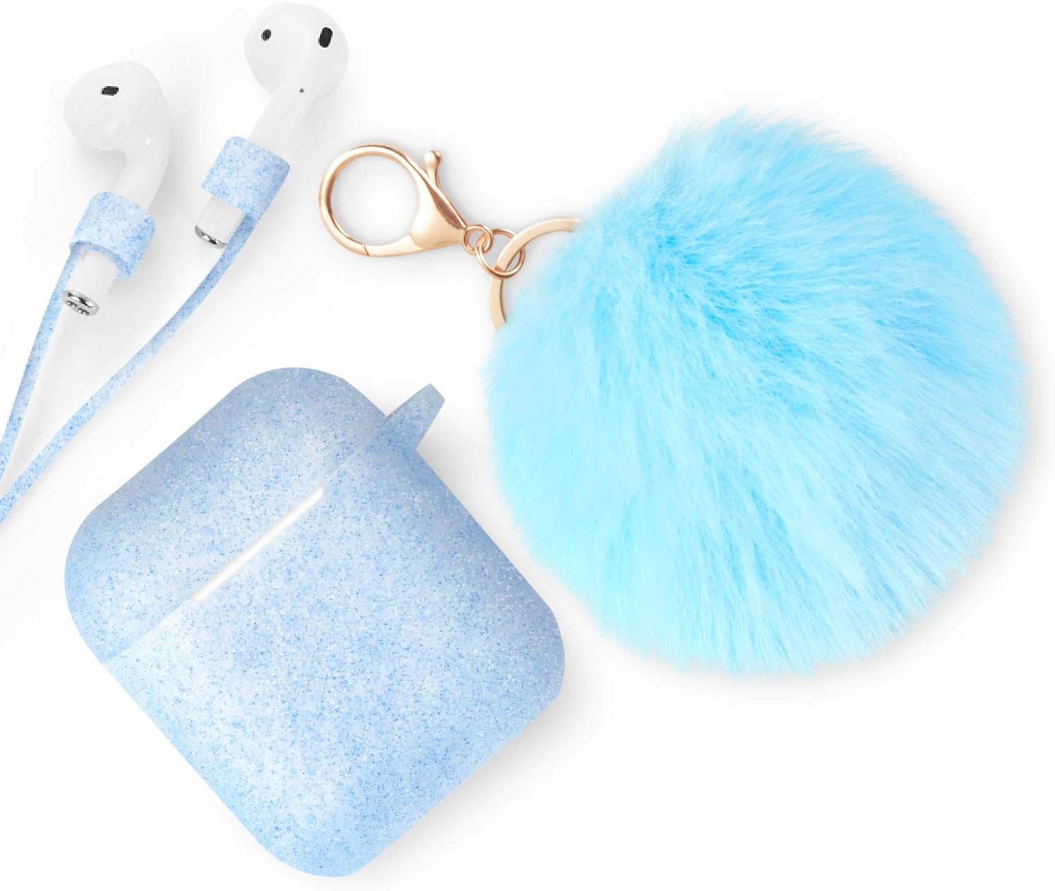 Xmifer AirPods Case, Cute Airpods Case Keychain Drop Proof (Silicone Skin for AirPods Charging Case 2/1) with Fluffy Fur Ball Keychain and Airpods Anti-Lost Strap for Airpods 2/1(Sapphire Blue)