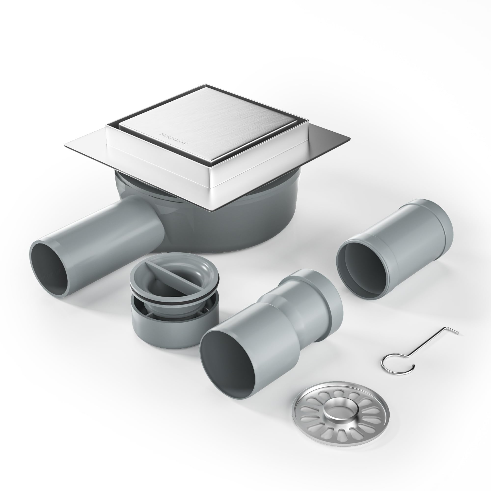 Bernkot Shower Drain Square 10 x 10 cm, 360° Siphon with Odour Stop and Hair Strainer 2-in-1 Tilable Stainless Steel Drain Channel Floor Drain Shower Drain Very Flat DN50 DN40