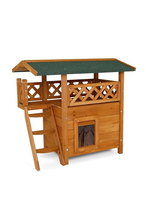 dibea Katzenhaus Lodge (Holz, 77 x 50 x 73 cm) mit Terrasse und Treppe