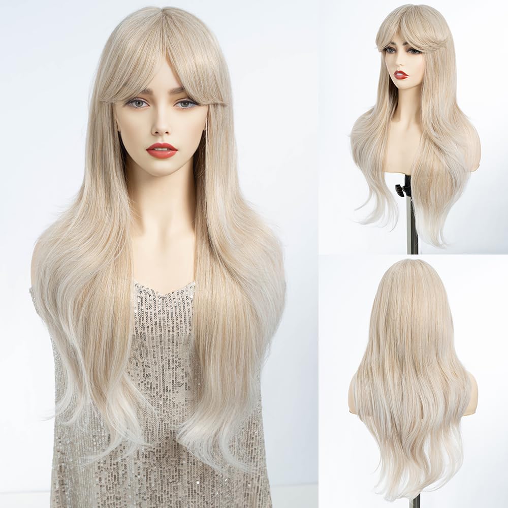 DÉBUT Long White Wig With Fringe for Women Heat Resistant Synthetic Layered Hair Wigs With Highlights for Daily Party Cosplay Use（26 inches, T16A/56C）